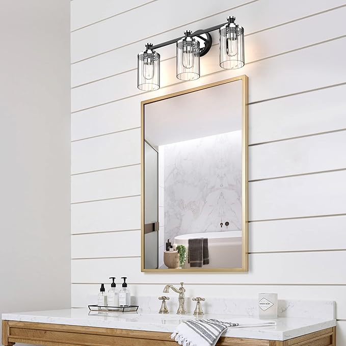 PHIXART Bathroom Lighting Fixtures Black and Chrome Bathroom Vanity Light with Cylindrical Clear Stripes Glass Lampshade E26 Socket Base Bathroom Lighting Fixtures Over Mirror (3 Lights)