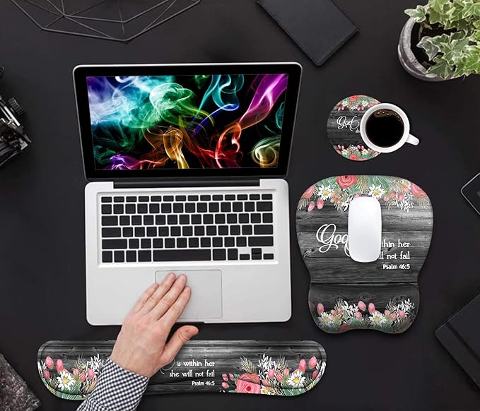 Ergonomic Mouse Pad Wrist Support and Keyboard Wrist Rest Set with Coasters, Non-Slip PU Base, Easy Typing & Pain Relief for Computer Laptop Home Office, Floral Quote Bible Verse Psalm 46:5
