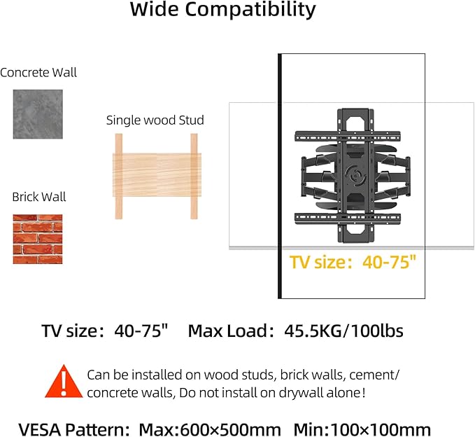 WANDEMEI Rotating TV Mount for 40-75 Inch LCD LED OLED Screen, Vertical and Horizontal Wall Mount, Swivel & Tilt & Extend & Leveling, MAX VESA 600x500mm, Holds up to 100 Lbs, DY639XZ