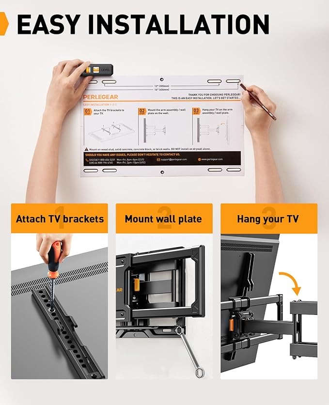 Perlegear Full Motion TV Wall Mount for Most 42–86 inch Flat Curved TVs up to 132 lbs, 12″/16″ Wood Studs, Bracket with Articulating Arms, Swivel, Tool-Free Tilt, Max VESA 600x400mm PGLF12
