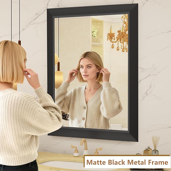 SMIROR Matte Black Bathroom Mirror for Over Sink 28x 32 inch, Metal Thick Frame Rectangle Vanity Mirror for Wall, Anti-Rust, Horizontally or Vertically Mounted