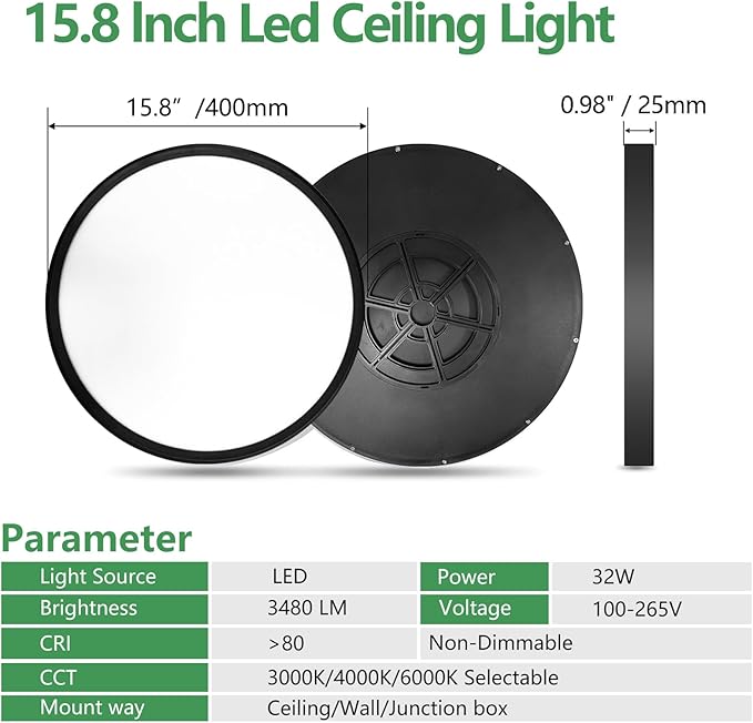 2PK 15.8 Inch Black LED Flush Mount Ceiling Light, 32W, 3480LM, 3000K/4000K/6000K CCT Selectable, Round Flat Panel Light Low Profile Ceiling Light Fitures for Hallway, Kitchen, Bedroom, Laundry Room