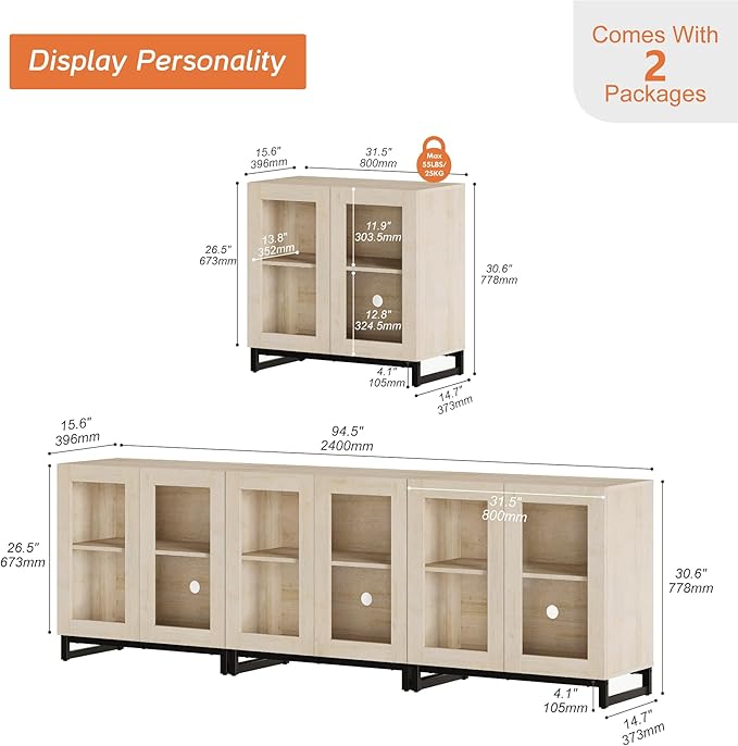 WAMPAT Modern TV Stand with Glass Doors for 110 inch TVs, 3 in 1 Entertainment Center Console with Adjustable Shelves and Metal Base for Living Room, Bedroom, Light Oak
