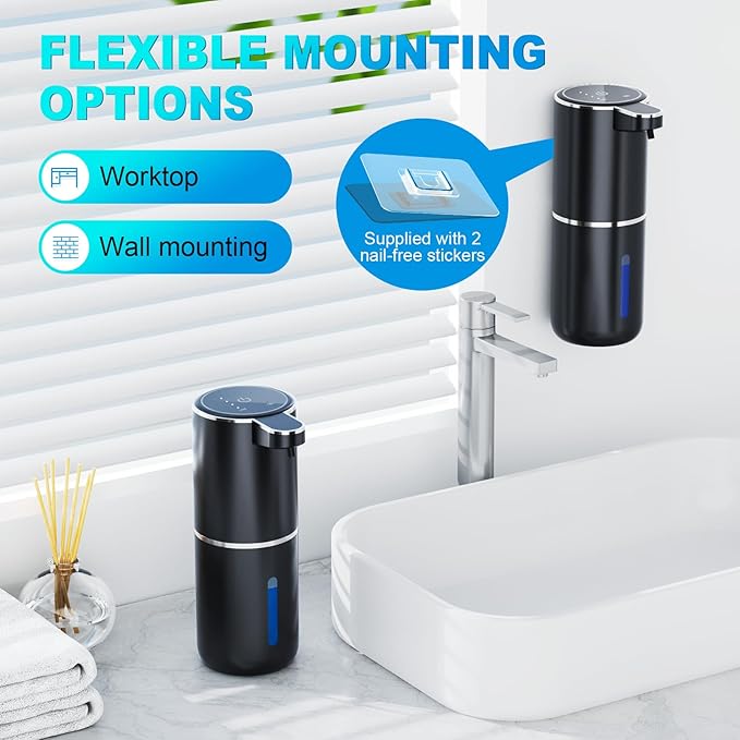 Automatic Foaming Soap Dispenser, 12.8oz/380ml Wall Mount Touchless Soap Dispenser with Sensor, 4-Level Adjustable, IPX5 Waterproof, USB Rechargeable for Bathroom, Kitchen