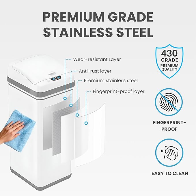 iTouchless 13 Gallon Kitchen Trash Can with Odor Filter, Automatic Motion Sensor Bin, Soft-Close Stainless Steel, Slim Wastebasket for Narrow Spaces, White