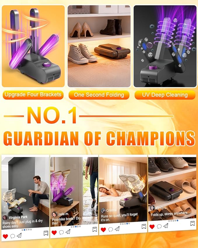 5.0 Upgraded Boot Shoe Dryer【500W German Super Motor】【Dual-Tech 118°F Constant Temp & 360° Circulating Hot Air】4 Adjustable Brackets, U-V Deep Cleaning, Fast Drying for Boot Sneaker Glove Sock (Gray)