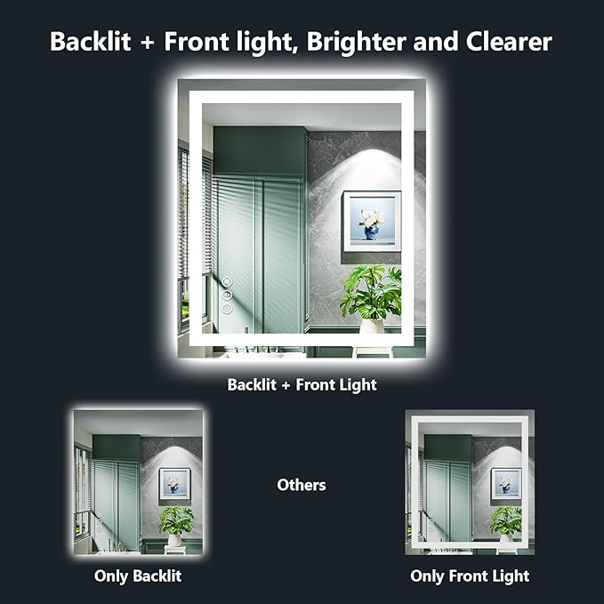 YEELAIT 30x30 Inch LED Bathroom Mirror with Lights Front and Backlit Lighted Vanity Mirror for Bathroom Wall with 3 Colors Dimmable Anti-Fog Memory Shatter-Proof IP54 Waterproof Horizontal/Vertical