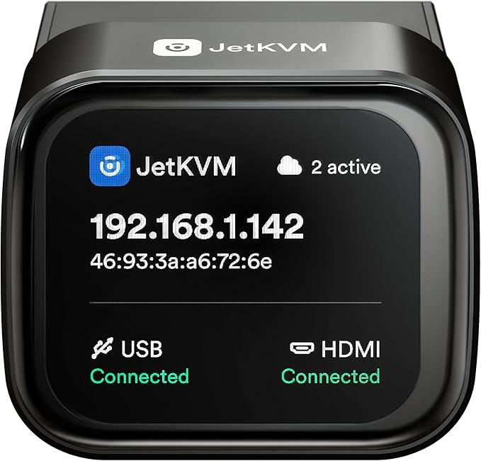 JetKVM KVM Over IP Computer Remotely Control, IP KVM Open-Source Touchscreen LCD for IP/MAC/HDMI/USB Status, KVM Switch for Home Offices & Data Center 1080p 60FPS Ultra-Low Latency