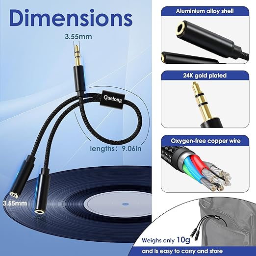 Quelong 1Pcs Headphone Splitter, Dual Headphone Nylon Braided Extension Cable, Hi-Fi Audios Stereo Y Splitter 3.5mm 2 Female 1 Male, Suitable for Phones, PS4, Amplifiers, Smartphones, Tablets,etc.