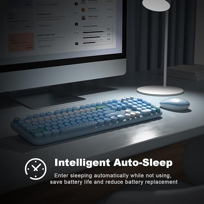 MOFII Wireless Keyboard and Mouse Combo, Full Size 2.4G Plug and Play Typewriter Retro Round Computer Keyboard and Mouse Set for Windows, Computer, Desktop, PC, Notebook - (Blue Colorful)