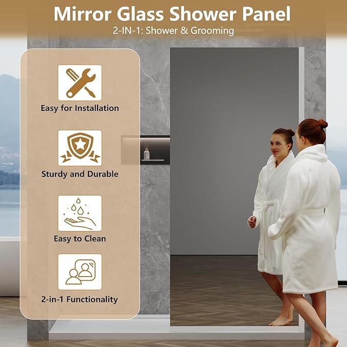 36"x76" Fixed Glass Shower Door, Single Mirror Privacy 3/8"(10mm) Thick Tempered Glass, Frameless Shower Glass Panel, Shower Screen Half Wall for Walk in Shower, Bright Chrome