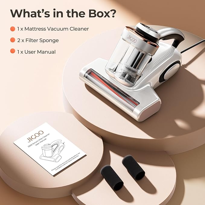 JIGOO J300 Lite Mattress Vacuum Cleaner，500W Bed Vacuum Cleaner with Dust Sensor with 253.7nm UV-C Light，Ultrasonic and High Heating Multifunctional Handheld Vacuums for Bed, Sofa, Couch （Corded）
