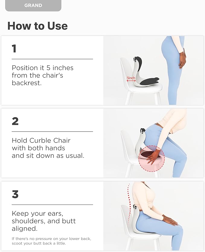 Curble GRAND(Extra Wide & Sturdy) 2PACK – Ergonomic Chair Back Support, Lumbar Support for Posture Correction, Back Pain Relief, Perfect for Office Chair, Floor Seat, Work from Home, Patented(2P Grey)