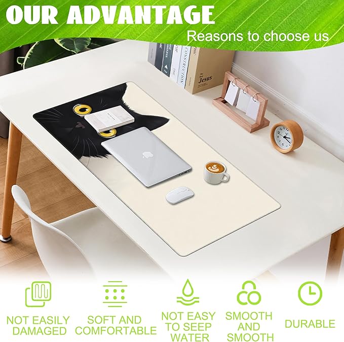 Eflxamz Desk Pad,Black Cat Desk Mat,Cute Cat Large Gaming Mouse Pad for Desk,Extended Big Computer Keyboard Mouse Pad with Non-Slip Base and Stitched Edge,35.4"x15.7"