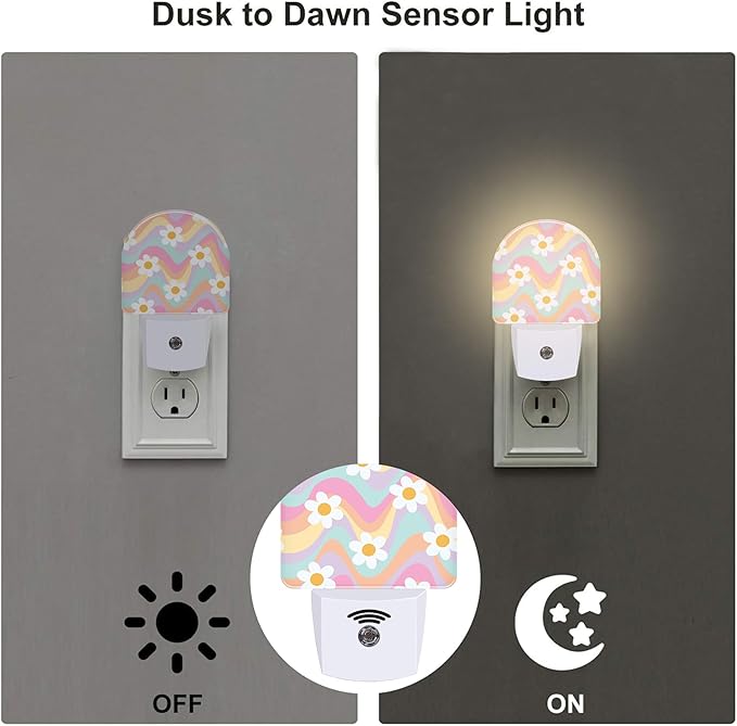sndheke Groovy Hippie Daisies Flowers Night Light for Kids,Retro Rainbow Wavy Floral Night Light Plug in with Dusk to Dawn Sensor,0.5w Energy Saving Nightlight for Hallway Stairway Kitchen Bedroom