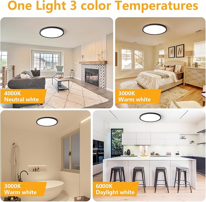 RLEDPZTX Led Flush Mount Ceiling Light,9 Inch 18w 1860lm,3000k/4000k/6000k 3CCT Selectable, Round Modern Flat Panel Super Slim Led Ceiling Light,for Living Dining Kitchen Bedroom Room (4Pack-Black)