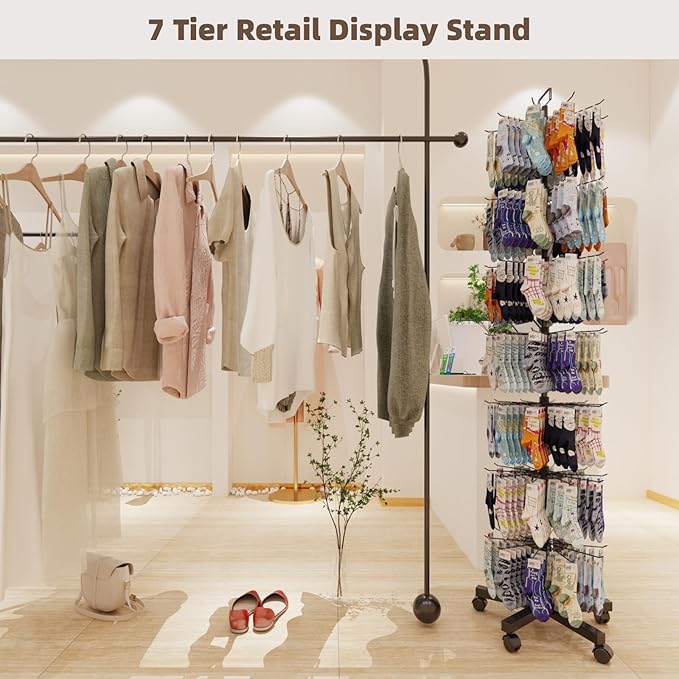 YEOOE Upgraded Retail Display Stand 7 Tier Spinning Display Stand, Movable Shop Spinner Rack with Hooks, Retail Display Racks for Jewelry Keyring Hats Socks Toys (Black)