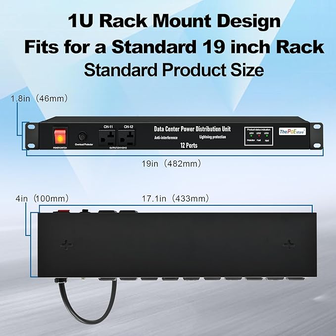 ThePoEstore 1U PDU Network Servers Surge Protector Power Distribution Unit 12-Outlet, 120V 20A, 3600 Joules 10KA,19″ Rack Mount Power Strip,Heavy-Duty 12AWG 16 ft Cord,w/AC Filter