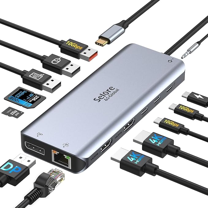 USB C Docking Station Dual Monitor, Selore 13-in-1 Triple Monitor with Dual HDMI, DP, 100W PD, Gigabit Ethernet, 10Gbps USB A/C Ports -Laptop Docking Stations for Dell, HP, Lenovo, MacBook
