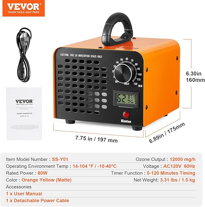 VEVOR Ozone Generator, 12000mg/h Ozone Machine, High Capacity Commercial/Industrial Ozone Generator Machine with 0-120 min Time Setting for Rooms, Cars