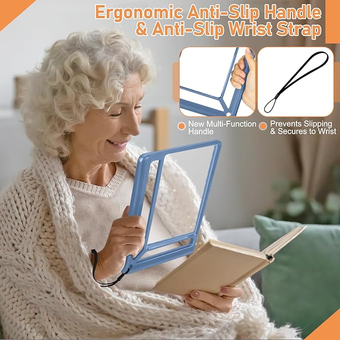 5X Full Page Magnifying Glass for Reading, Lightweight Rectangular Magnifier Provides Large Book Page Viewing Area, Handheld Magnifier for Reading Small Prints for Seniors, Low Vision-Blue