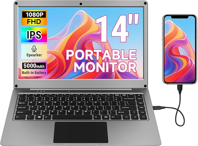 GrowCube Portable Monitor with Keyboard,14inch 1080P FHD Lapdock Compatible with Mini PC/Phone/PC/Game Console,CrowView Note with RPi5 & Jetson Adapters(Full Feature TypeC & HDMI Cable Included)