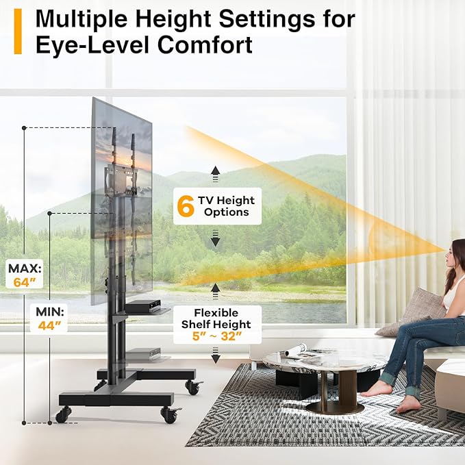 TVON Rolling TV Stand for 32-83 inch Flat Screen/Curved TVs up to 110 lbs, Height Adjustable Portable TV Stand on Wheels with Metal Laptop Shelf, TV Stands for Living Room, Home and Office Use