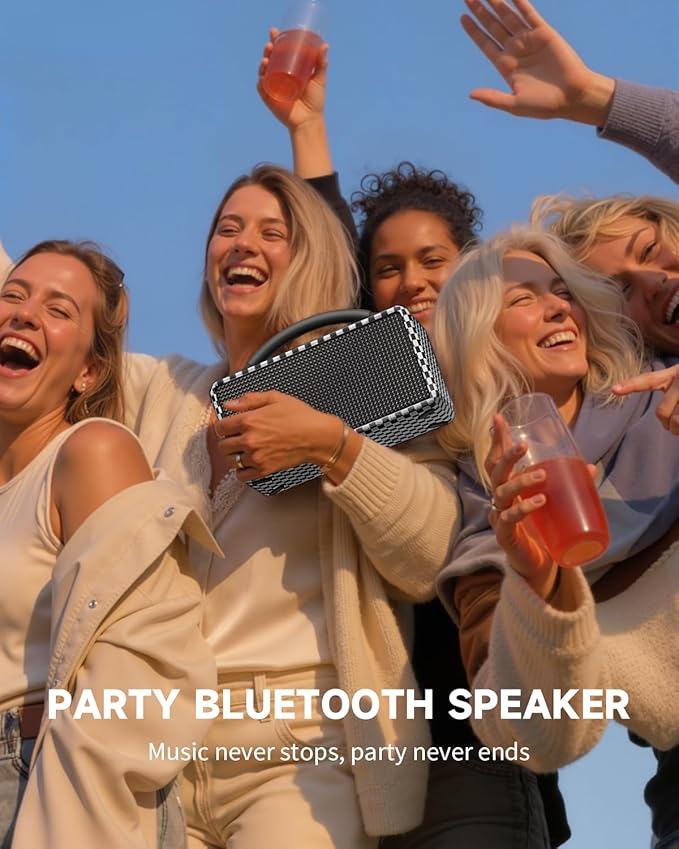 DINDIN Portable Bluetooth Speaker: 80W (Peak), 20H Playtime, Loud Wireless Wood Speakers with Bass, AUX and USB Input, Subwoofer, TWS Pairing, Vintage Speaker for Outdoor, Home, Office (White+Black)