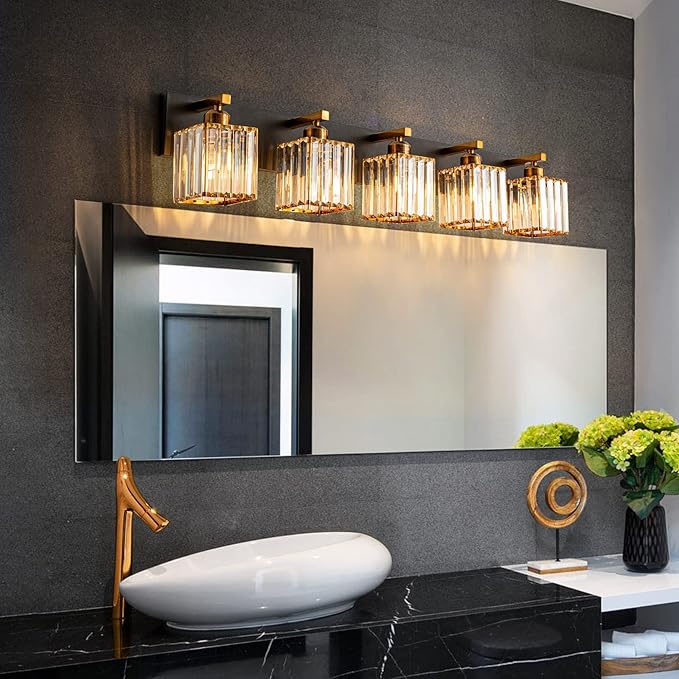 FDPBY Modern Bathroom Vanity Light 5-Lights Black Gold Crystal Bathroom Wall Light Vanity Light Fixtures，36.22-inch Modern Minimalist Design