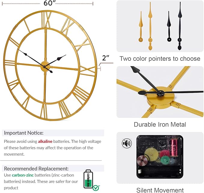 Ohweog Large Wall Clock for Living Room Decor – 60 Inch Silent Non-Ticking Modern Farmhouse Wall Clock, Oversized Decorative Metal Roman Numeral Clock (Gold, 60 Inch)