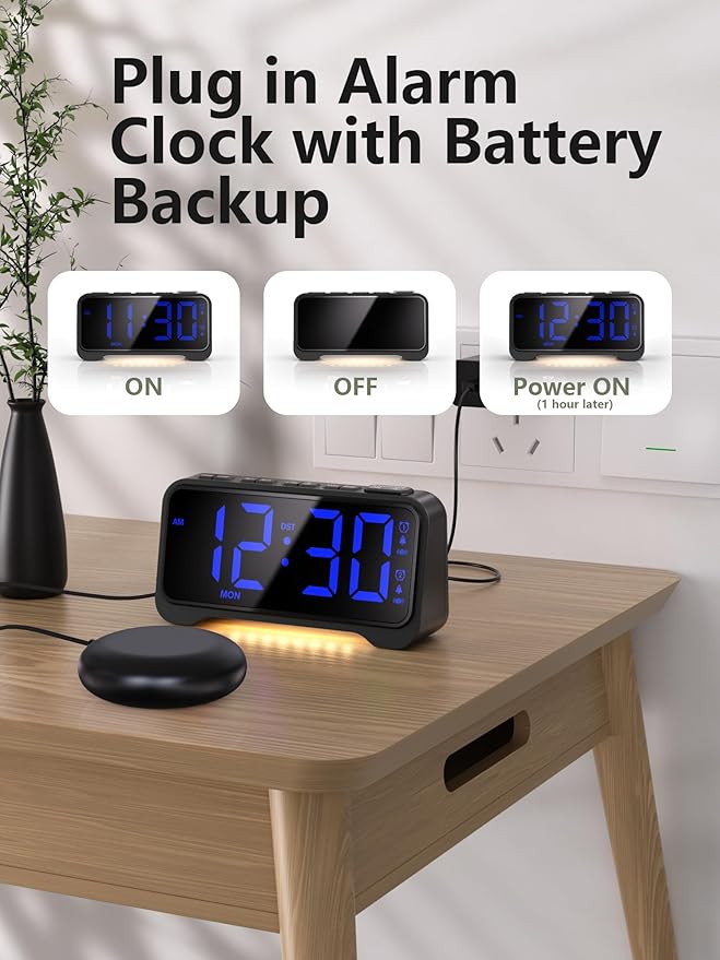 Mesqool Extra-Loud Alarm Clock with Bed Shaker for Heavy Sleepers, Vibrating & Buzzer Modes, Dual Alarms, USB Charging, Snooze & Battery Backup for Adults, Teens, Seniors