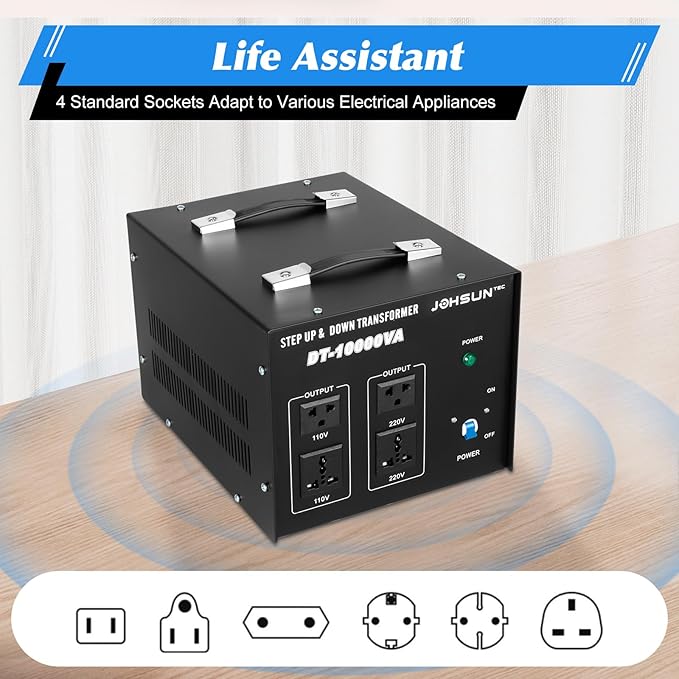 8000W/10000W Voltage Converter Transformer Step Up/Down 110V/220V Heavy Duty Transformer Power Converter Automatic Voltage Regulator Voltage Converter Circuit Breaker Protection (DT-10000VA)