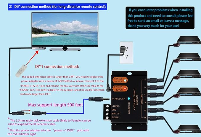 ENSIGEAR IR Repeater Kit, ir Repeater System, IR Remote Control Extender,Control 1 to 18Devices.Supports up to 100 Feet, Dual Sensors Receiver