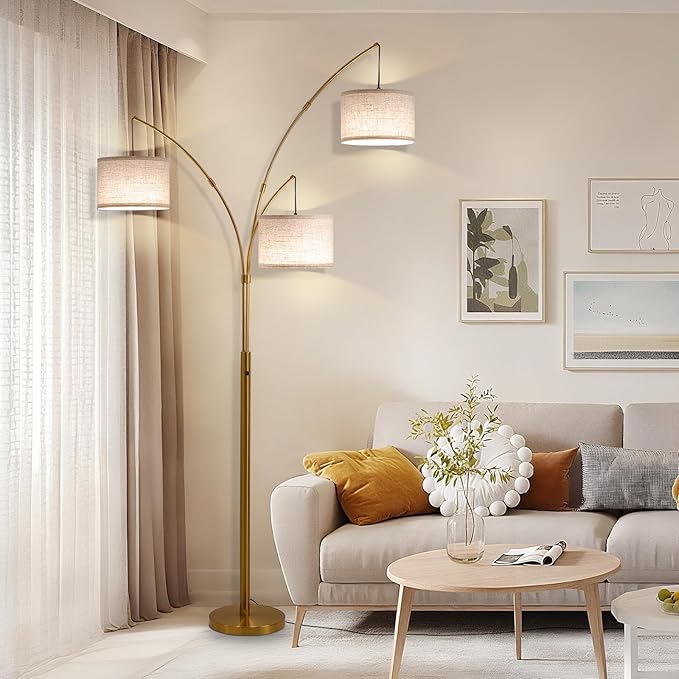 Fansdrick Gold Floor Lamps for Living Room, Super Bright Arc Floor Lamp with Remote Control, 3 Light Tall Floor Lamps with Stepless Dimmable, 80" Mid Century Tree Floor Lamp for Bedroom, Office