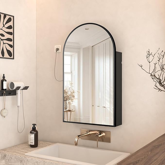 Arched Medicine Cabinet with Mirror,Bathroom Medicine Cabinet Wall Mounted,Bathroom Vanity Mirror with Storage 2 Power Outlets,Mirrored Cabinet with Adjustable Shelf, 20X34 Inch Black