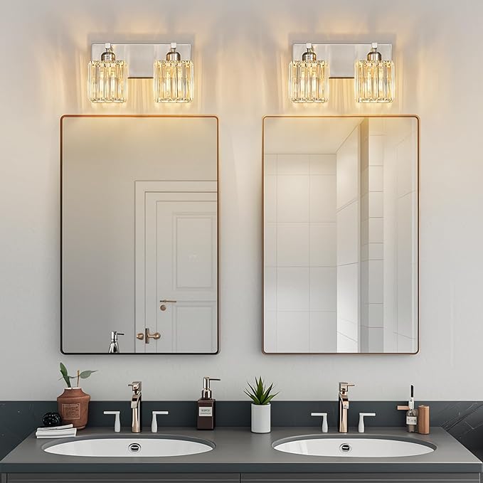 FDPBY Modern Vanity Light 2-Lights Brushed Nickel Vanity Light Crystal Bathroom Wall Light Bathroom Light Fixtures