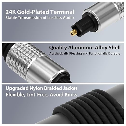 Cyberguys! Optical Audio Cable, Digital Optical Cable with Toslink Connectors, Braided Digital Audio Cables for Soundbar, TV, Receiver, Speaker, Xbox, PS5, Blu-Ray – Gold-Plated, 3.3ft