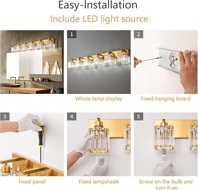 FDPBY Modern 6-Light Gold Brushed Brass Finish Crystal Wall Light for Bathroom Vanity