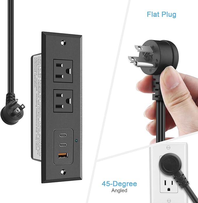 CCCEI Recessed Power Strip with 45W USB-C Ports, Fast Charging USB A Port Desk Outlet, Black Furniture Hidden Charging Station for Side Table, End Table, with 10FT 45 Degree Flat Plug Extension Cord.