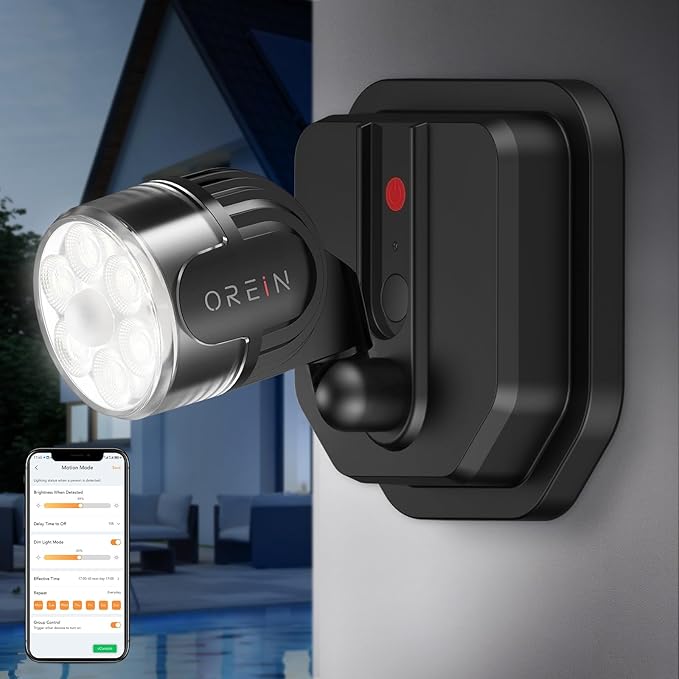 OREiN Outdoor Motion Sensor Light, Smart Motion Lights for Outside with Bluetooth APP Control, 5000K LED Flood Light Security Light with IP65 Waterproof for Stairs Front Door (Hardwired)
