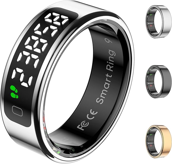 Smart Ring Health Tracker with Display Screen, Sleep Tracker with Heart Rate, Fitness Ring Step Tracker for Activity Monitoring/Steps/Calories,Wireless Charging, for iOS Android (Silver,9#)