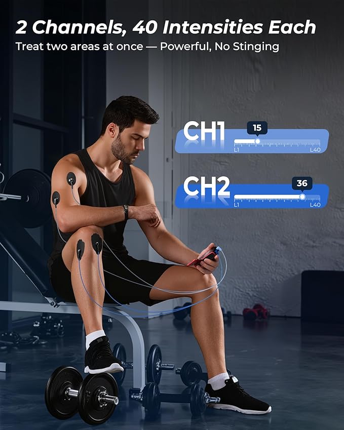 KingPavonini 4-IN-1 TENS Unit Muscle Stimulator, DIY & TENS & EMS & MASS, Dual-Channel 40 Intensities TENS Machine, Muscle Stimulator for Pain Relief Therapy Sciatica Back Pain, 12 Pads (Model: B2501)