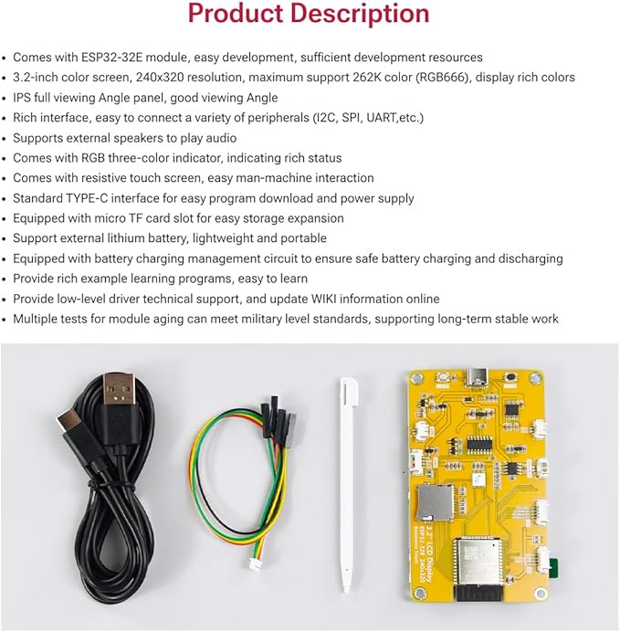 Hosyond 3.2'' ESP32 LCD Display Resistive Touchscreen with WiFi+BT, ST7789P3 Driver 240x320 TFT SPI Screen Module for Arduino