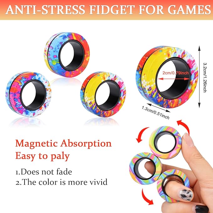 Cevioce 3Pcs Magnetic Rings Fidget Toy Set, Idea ADHD Anxiety Magnetic Fidget Toys Adults Fidget Spinner Rings for Relief, Valentines Day Gifts for 8+ Year Old Teen Boy Girl Easter Basket Stuffers
