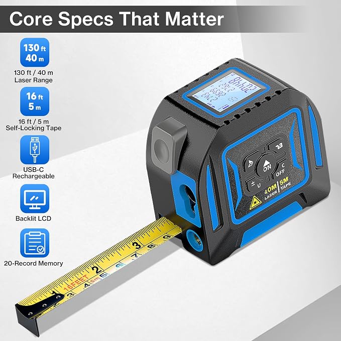 2-in-1 Laser Tape Measure, 130 Ft Laser Distance Meter and 16 Ft Self-Locking - Image 3