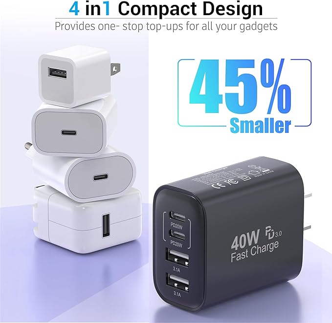 TT&C USB C Block 40W, 4 Ports Wall Plug Fast Charging Block, PD+QC Multiport Power Adapter USB C Charger Type C for iPhone 17, 17 Air, 17 Pro, 17 Pro Max, 16,15,14,13,12 Galaxy Phones-(Black 1Pack)