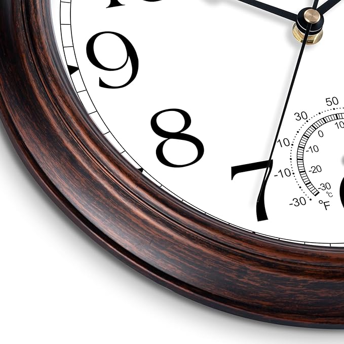 KECYET 14 Inch Outdoor Wall Clock with Thermometers, Vintage Silent Wall Clocks Battery Operated, Retro Non-Ticking Clock Decorative for Living Room, Patio, Kitchen, Office, Bathroom, Bedroom(Bronze)