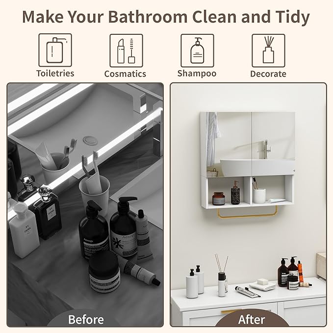 Wall Mounted Storage Cabinet with Mirror & Adjustable Shelves- Bathroom Medicine Cabinet with Towel Bar for Bathroom, Laundary, Enterway,Bedroom