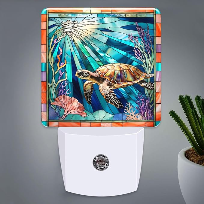 PODMemory Sea Turtle Stained Glass Night Lights Plug into Wall for Room, Sea Turtle Night Light LED for Bedroom