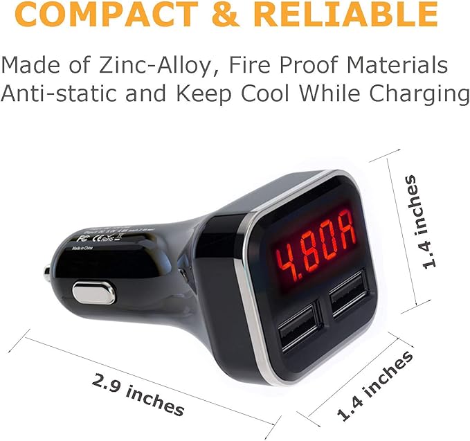 Jebsens 4.8A 24W Dual USB Car Charger Volt Meter Car Battery Monitor with LED Voltage & Amps Display in Red LED, Cigarette Lighter Voltage Meter, Compatible with iPhone 15 Pro Max Samsung Galaxy S24